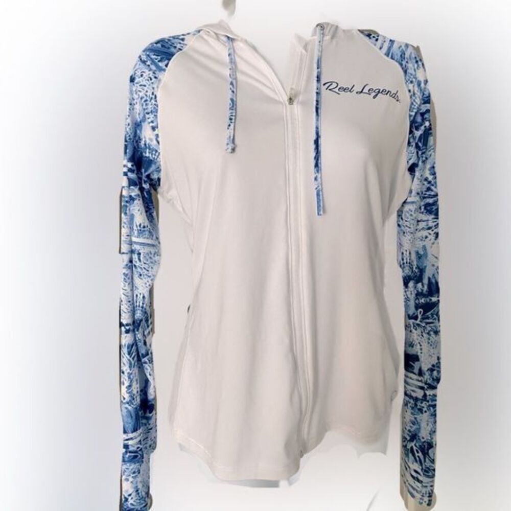 Reel Legends Cool UPF Zip Hoody - M white /blue, polyester spandex, zip